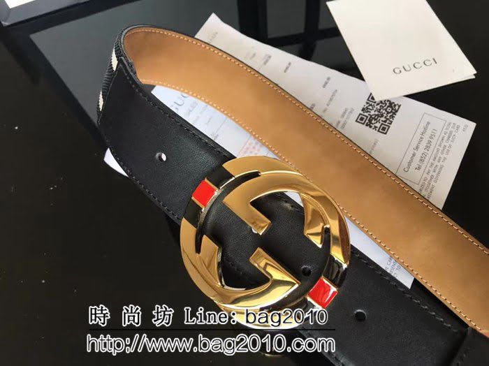 古馳CUCCI 雙條紋黑白織布頭層牛皮接頭尾 配純銅扣 百搭休閒款男士皮帶 GHG1185